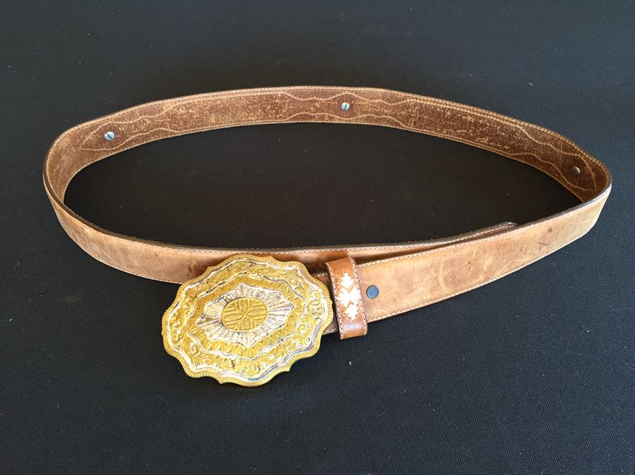 Crumrine Belt Buckle Engraved Indian Summer On Back With Justin Leather Belt [Photo 2]