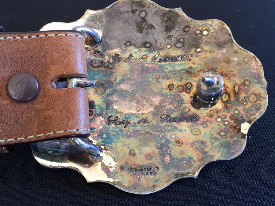 Crumrine Belt Buckle Engraved Indian Summer On Back With Justin Leather Belt [Photo 3]