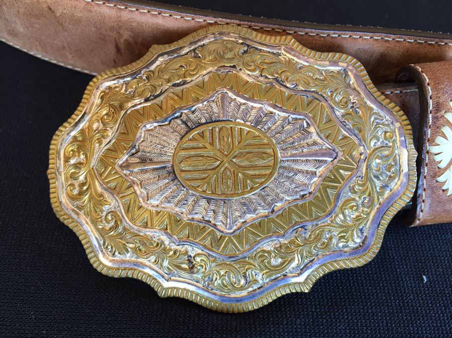 Crumrine Belt Buckle Engraved Indian Summer On Back With Justin Leather Belt