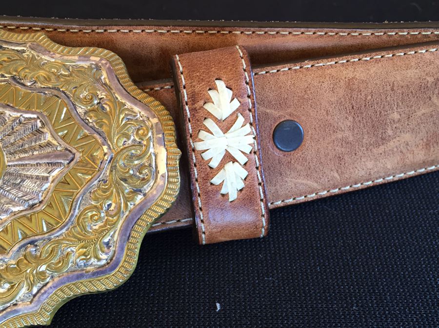 Crumrine Belt Buckle Engraved Indian Summer On Back With Justin Leather Belt [Photo 8]