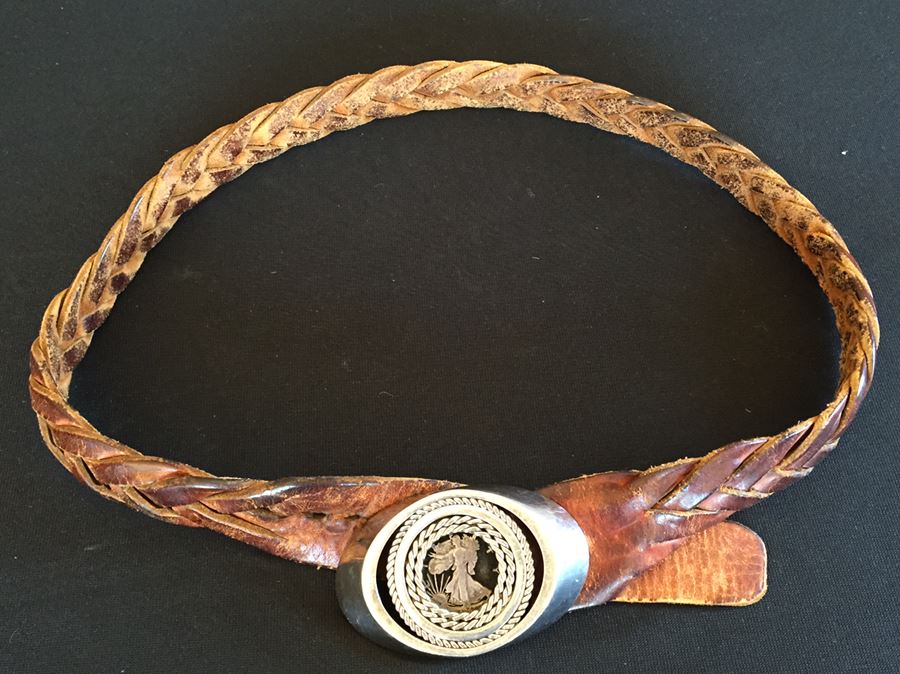 Silvertone Belt Buckle Featuing Standing Liberty Coin With Braided Leather Belt [Photo 3]