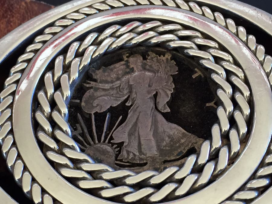 Silvertone Belt Buckle Featuing Standing Liberty Coin With Braided Leather Belt [Photo 4]