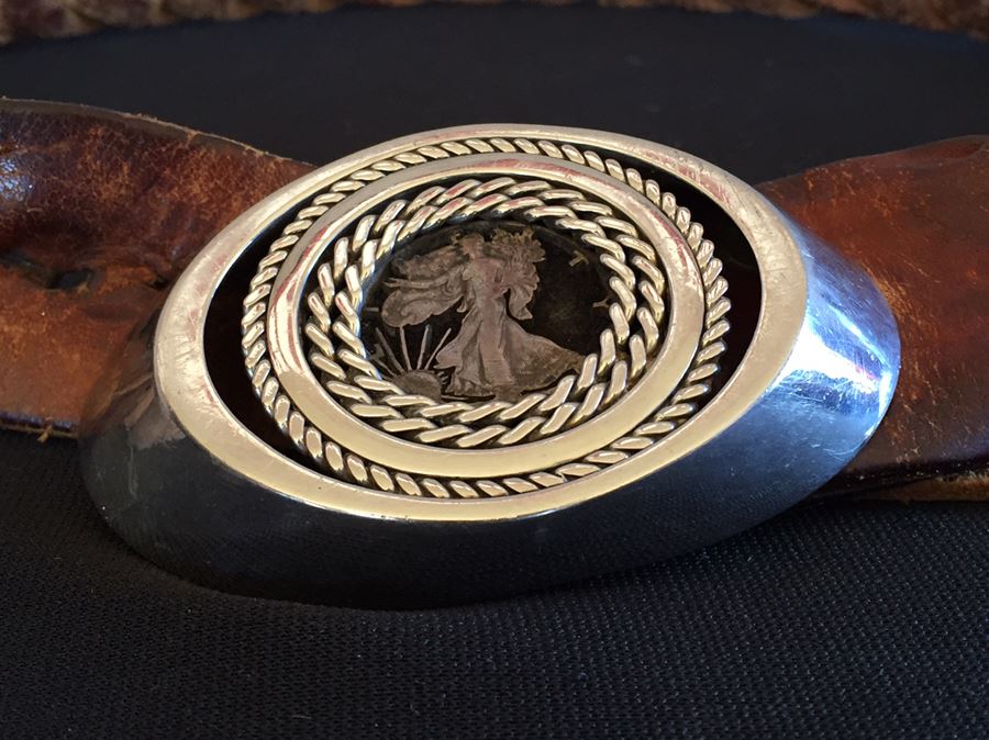 Silvertone Belt Buckle Featuing Standing Liberty Coin With Braided Leather Belt [Photo 6]