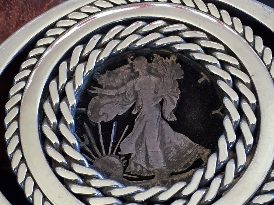 Silvertone Belt Buckle Featuing Standing Liberty Coin With Braided Leather Belt [Photo 2]