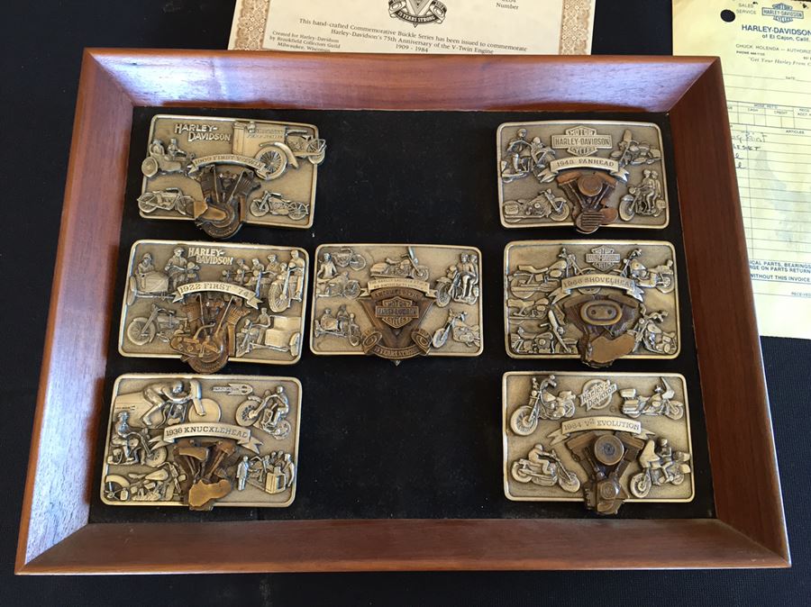 Limited Edition Harley-Davidson Motor Cycles Belt Buckles From Brookfield Collectors Guild Displayed In Nice Shadow Box