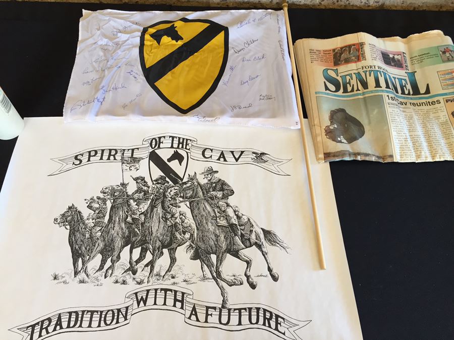 1st Cavalry Division Vietnam Flag Signed By Comrades During Reunion With Poster And Newspaper Article