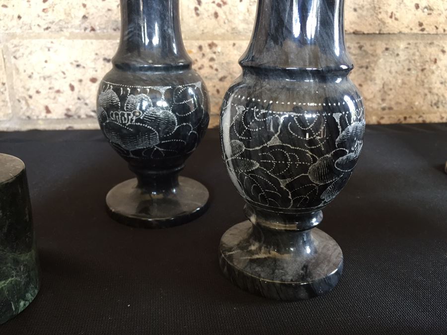 Collection Of Black And Green Marble Vases, Cups And Candle Holders [Photo 16]