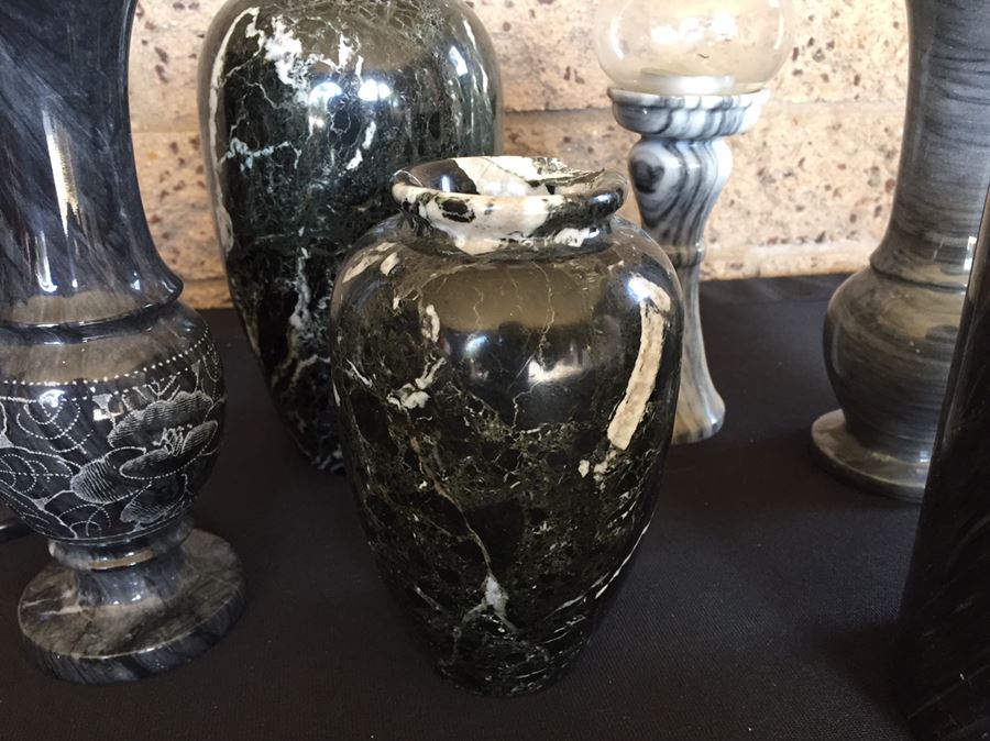 Collection Of Black And Green Marble Vases, Cups And Candle Holders [Photo 15]