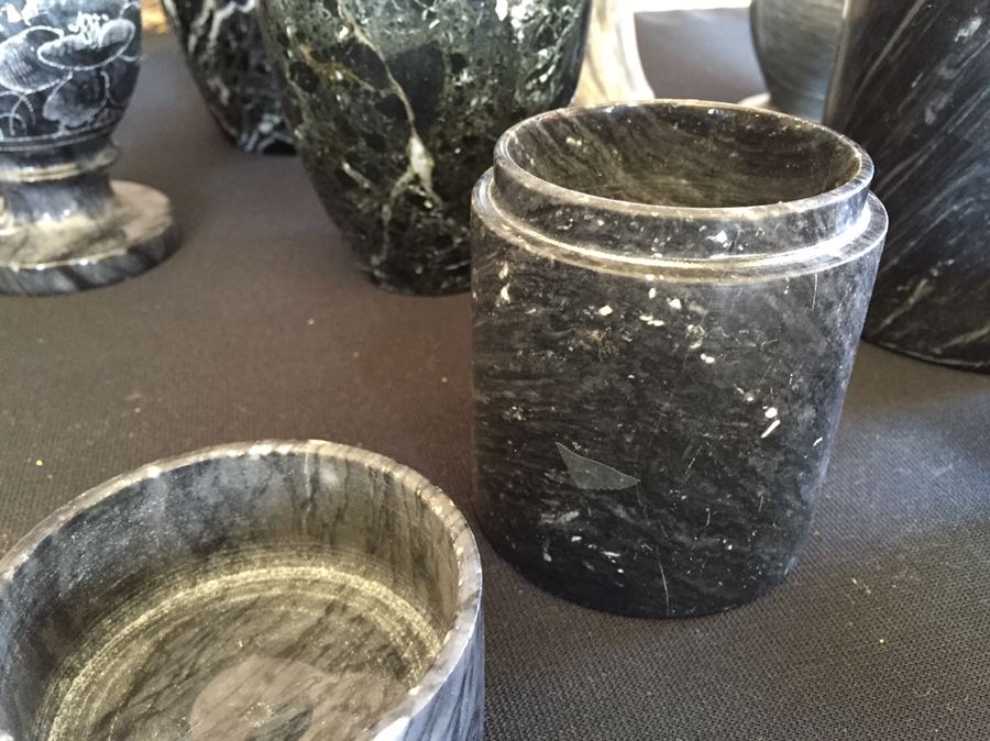 Collection Of Black And Green Marble Vases, Cups And Candle Holders [Photo 5]