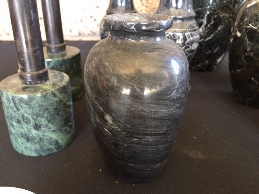 Collection Of Black And Green Marble Vases, Cups And Candle Holders [Photo 10]
