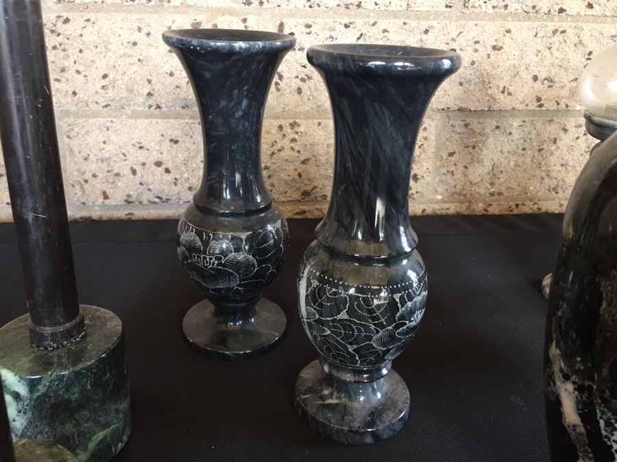Collection Of Black And Green Marble Vases, Cups And Candle Holders [Photo 18]