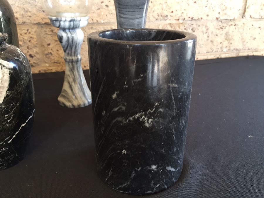 Collection Of Black And Green Marble Vases, Cups And Candle Holders [Photo 13]