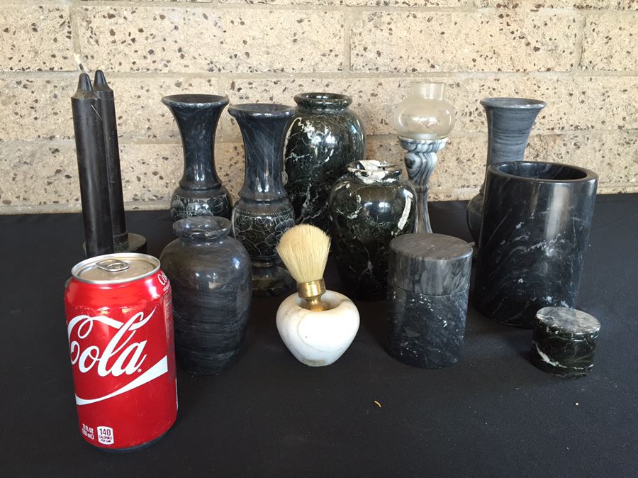 Collection Of Black And Green Marble Vases, Cups And Candle Holders