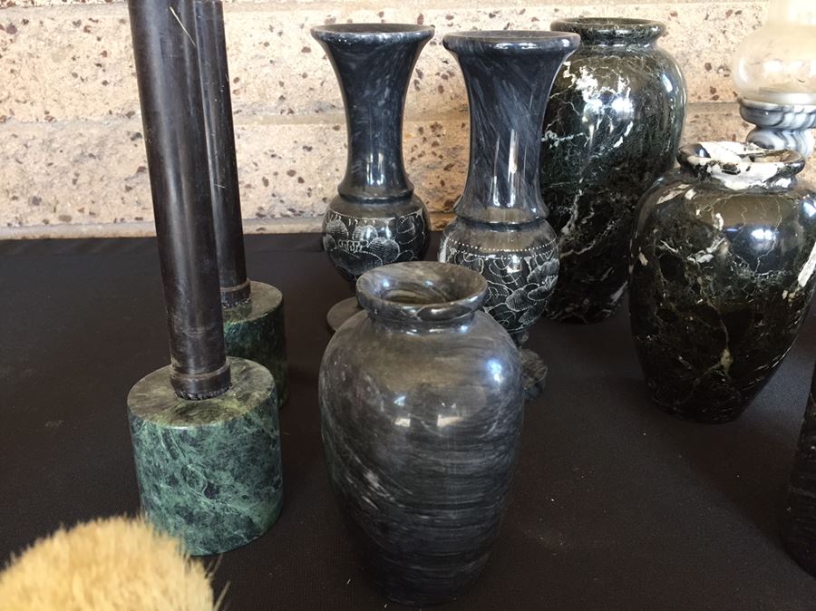Collection Of Black And Green Marble Vases, Cups And Candle Holders [Photo 2]