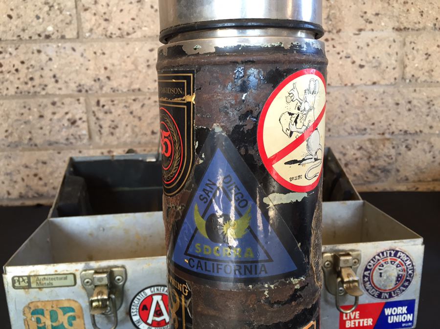 Vintage Industrial Metal Lunch Box With Thermos And Vintage Harley-Davidson Stickers  [Photo 10]