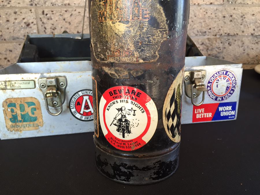 Vintage Industrial Metal Lunch Box With Thermos And Vintage Harley-Davidson Stickers  [Photo 16]