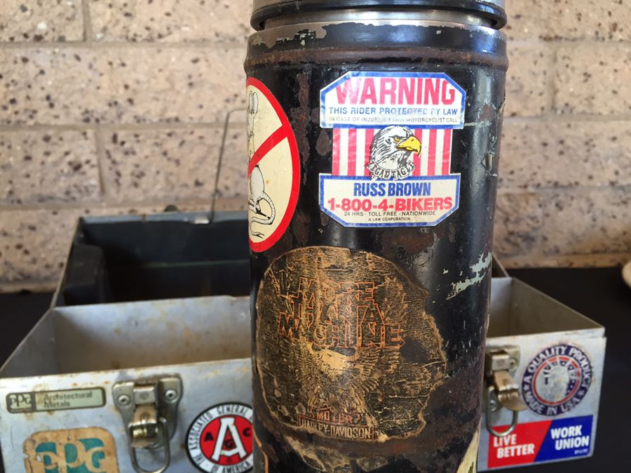 Vintage Industrial Metal Lunch Box With Thermos And Vintage Harley-Davidson Stickers  [Photo 14]