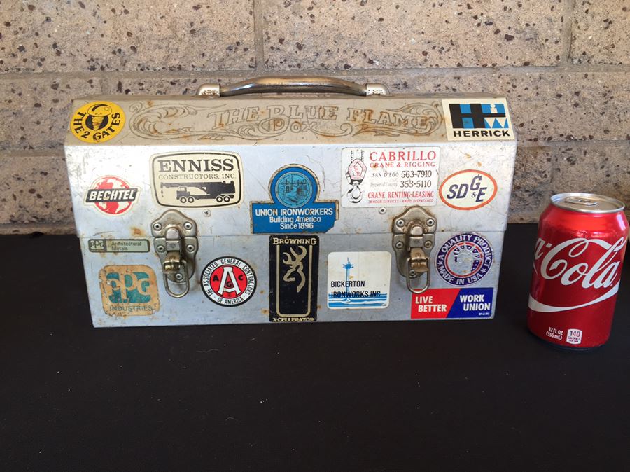 Vintage Industrial Metal Lunch Box With Thermos And Vintage Harley-Davidson Stickers 