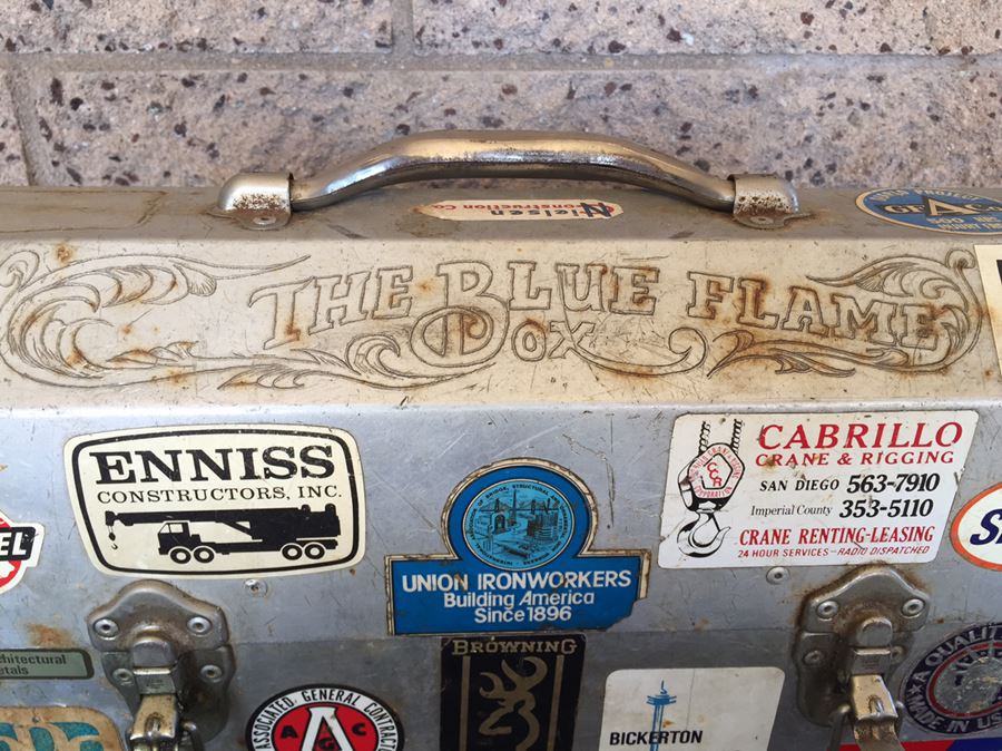 Vintage Industrial Metal Lunch Box With Thermos And Vintage Harley-Davidson Stickers  [Photo 2]