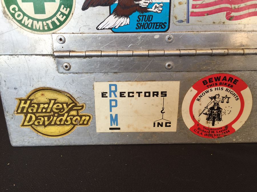 Vintage Industrial Metal Lunch Box With Thermos And Vintage Harley-Davidson Stickers  [Photo 15]