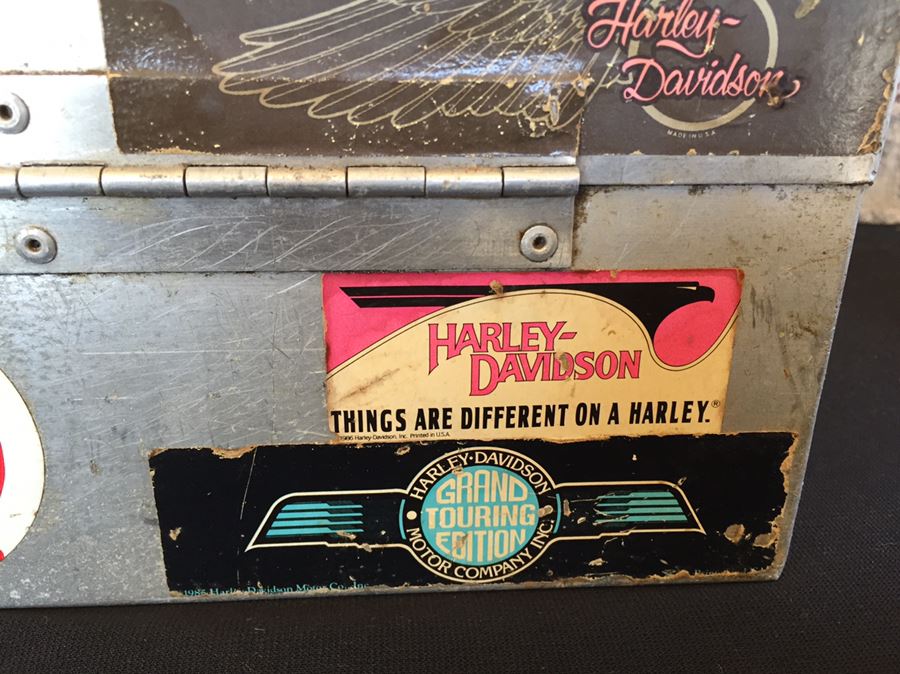 Vintage Industrial Metal Lunch Box With Thermos And Vintage Harley-Davidson Stickers  [Photo 8]