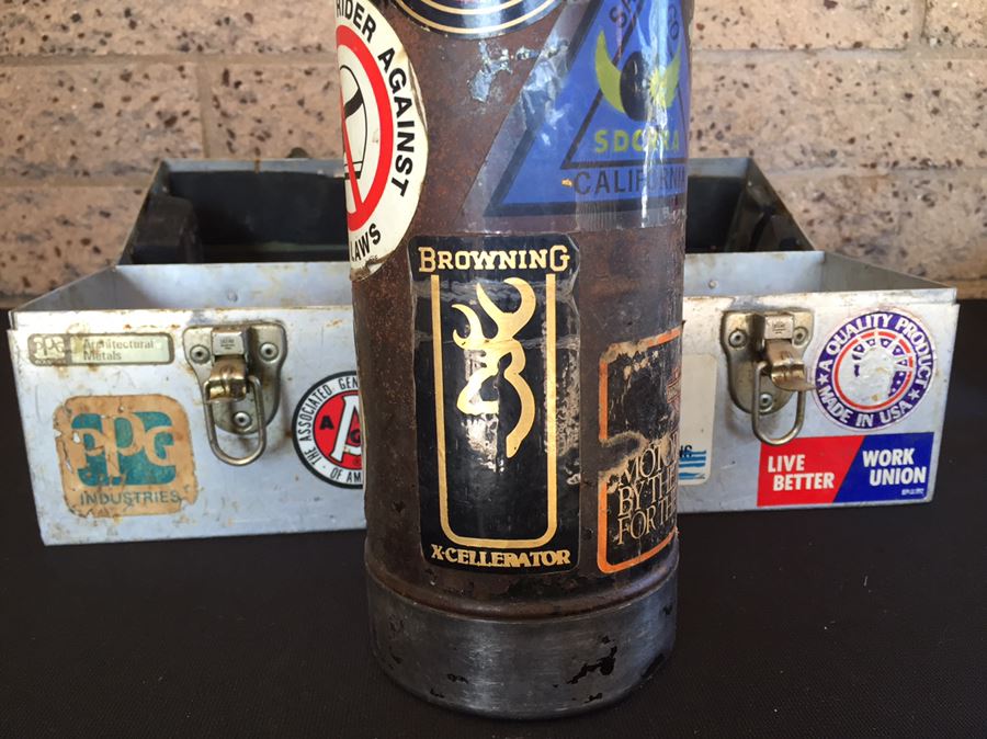 Vintage Industrial Metal Lunch Box With Thermos And Vintage Harley-Davidson Stickers  [Photo 19]