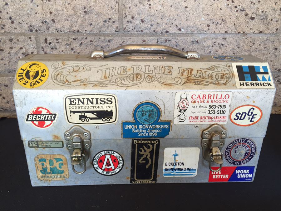 Vintage Industrial Metal Lunch Box With Thermos And Vintage Harley-Davidson Stickers  [Photo 4]