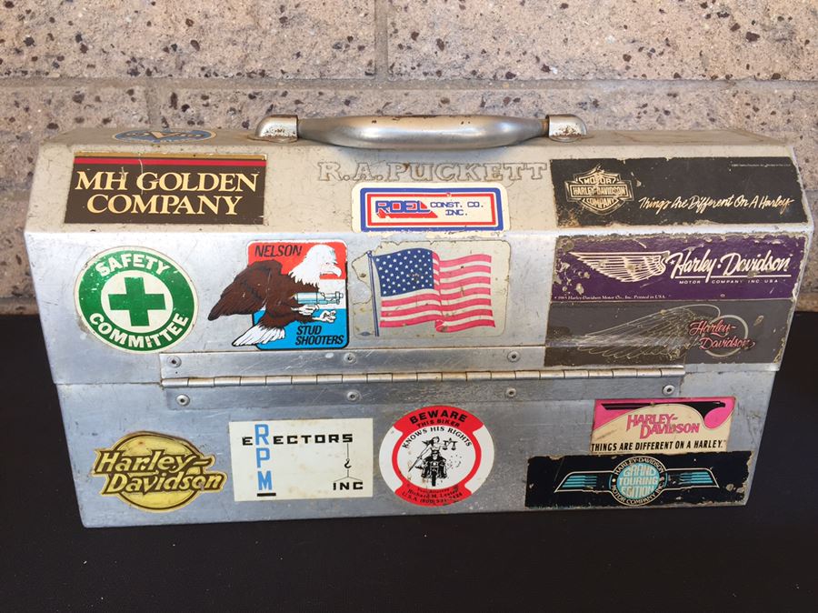 Vintage Industrial Metal Lunch Box With Thermos And Vintage Harley-Davidson Stickers  [Photo 7]