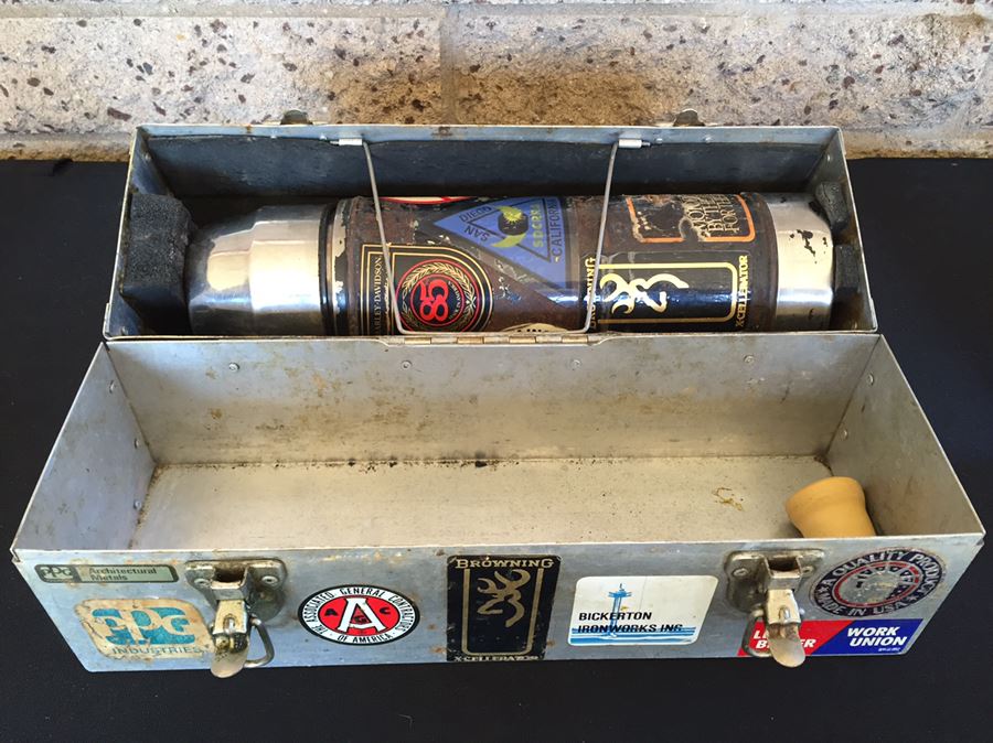 Vintage Industrial Metal Lunch Box With Thermos And Vintage Harley-Davidson Stickers  [Photo 13]