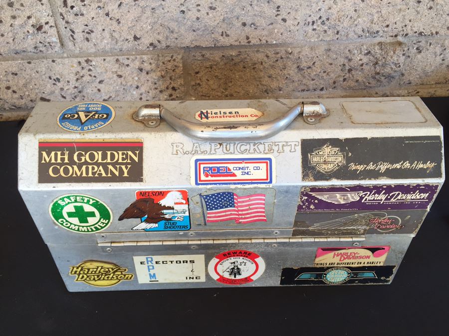 Vintage Industrial Metal Lunch Box With Thermos And Vintage Harley-Davidson Stickers  [Photo 12]