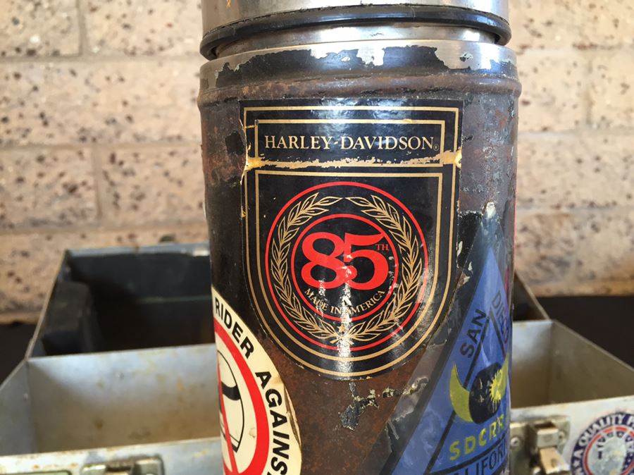 Vintage Industrial Metal Lunch Box With Thermos And Vintage Harley-Davidson Stickers  [Photo 6]