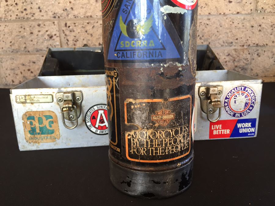 Vintage Industrial Metal Lunch Box With Thermos And Vintage Harley-Davidson Stickers  [Photo 11]