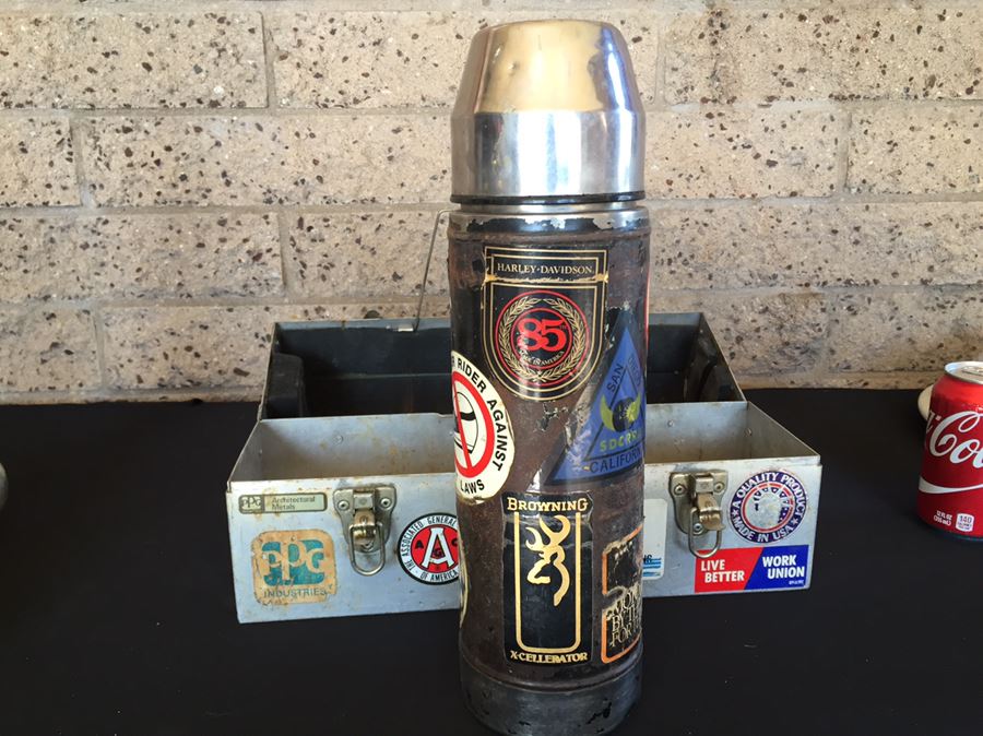 Vintage Industrial Metal Lunch Box With Thermos And Vintage Harley-Davidson Stickers  [Photo 17]