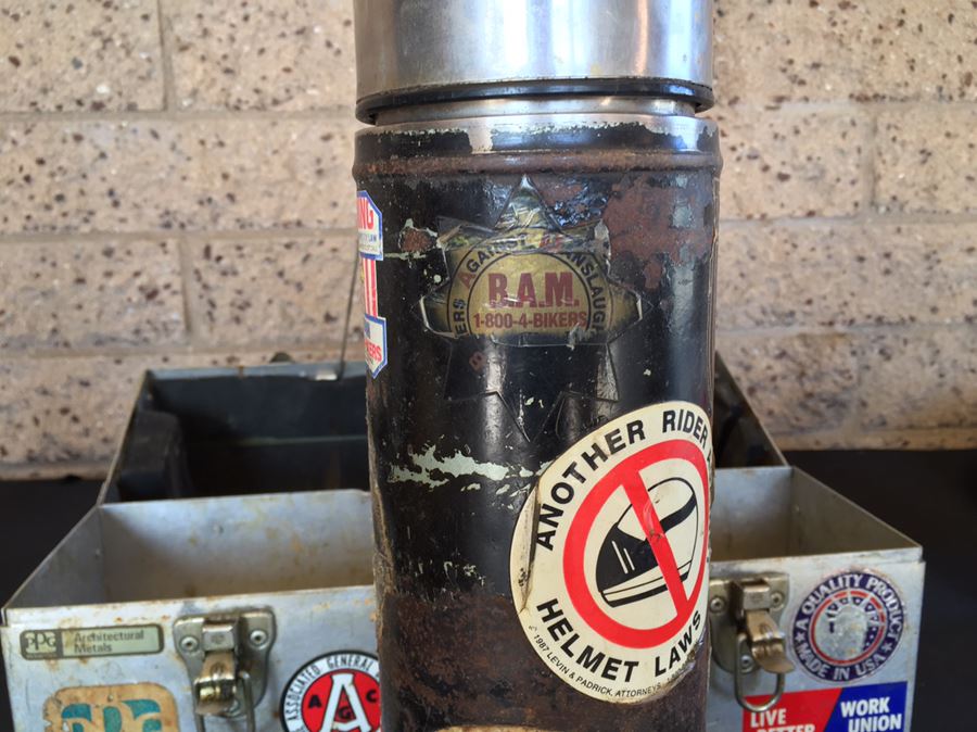 Vintage Industrial Metal Lunch Box With Thermos And Vintage Harley-Davidson Stickers  [Photo 18]