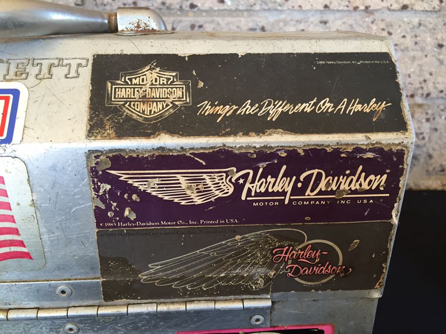 Vintage Industrial Metal Lunch Box With Thermos And Vintage Harley-Davidson Stickers  [Photo 20]