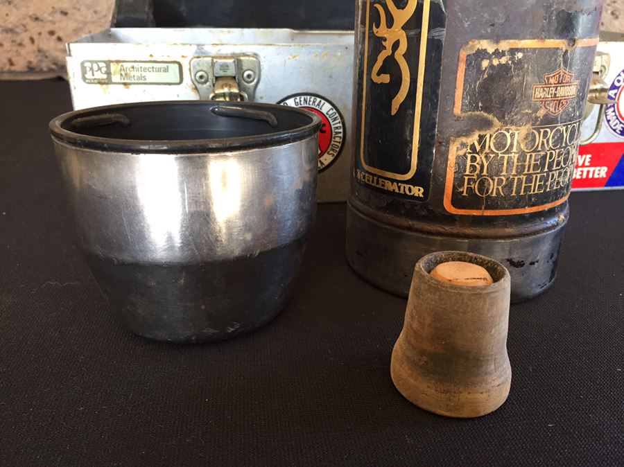 Vintage Industrial Metal Lunch Box With Thermos And Vintage Harley-Davidson Stickers  [Photo 23]