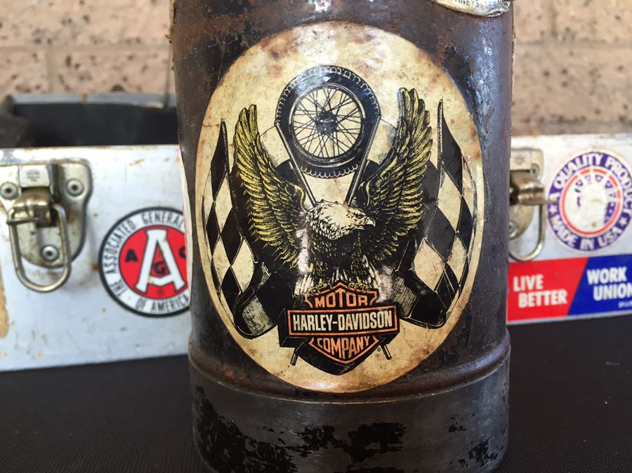 Vintage Industrial Metal Lunch Box With Thermos And Vintage Harley-Davidson Stickers  [Photo 3]