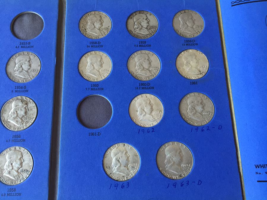 36 Benjamin Franklin Half Dollars And 3 1964 Kennedy Half Dollars $279 Melt Value With Coin Books [Photo 5]