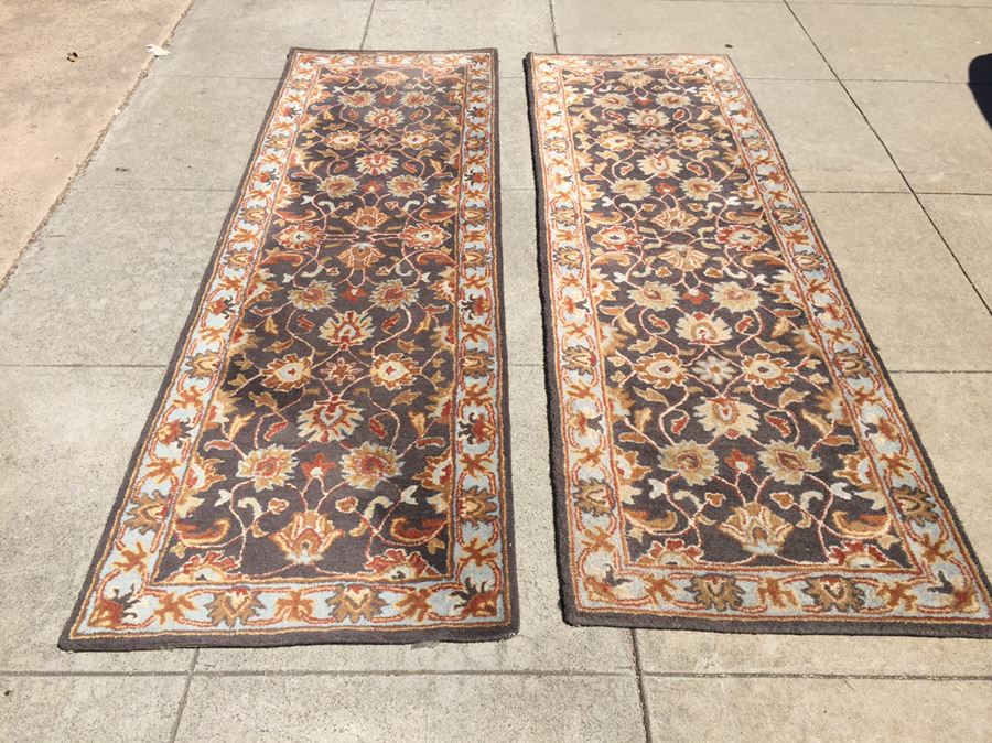 Pair Of 100% Wool Pile Runners Rugs 2.6 x 8 Made In India