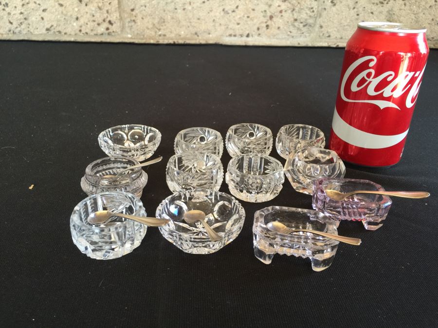 Collection Of Crystal Salt Dishes And Sterling Silver Salt Spoons
