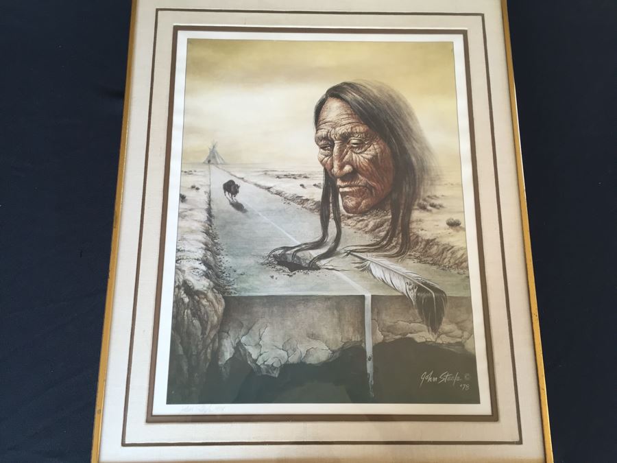 Framed Native American Print Hand Signed Lower Left By Artist John Steele (1934 - 1992) [Photo 1]