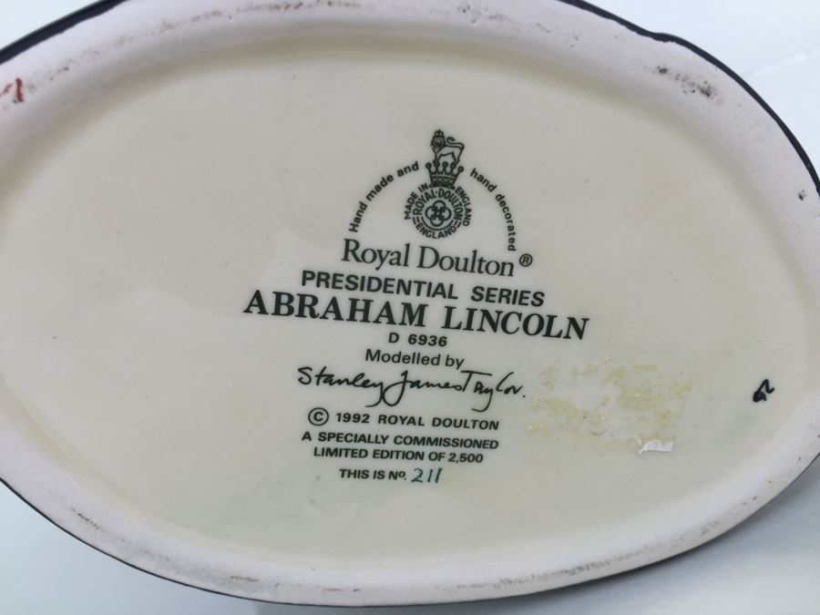 Signed Royal Doulton Large 'Abraham Lincoln' D6936 Character Jug Specially Commissioned 1992 Limited Edition of 211 Of 2,500 [Photo 10]
