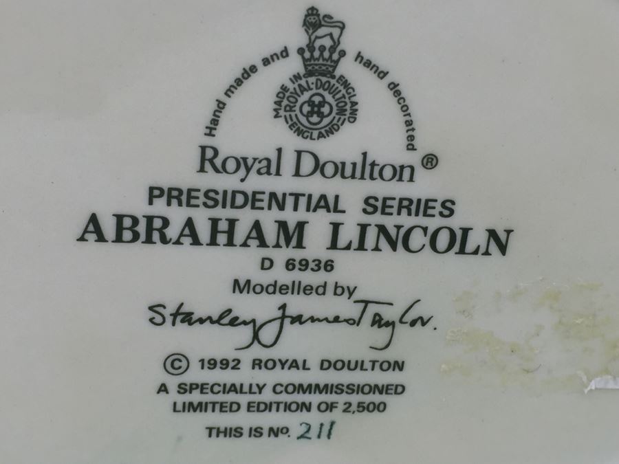 Signed Royal Doulton Large 'Abraham Lincoln' D6936 Character Jug Specially Commissioned 1992 Limited Edition of 211 Of 2,500 [Photo 3]