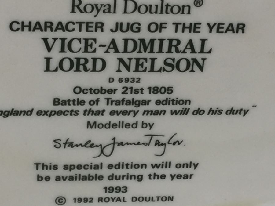Royal Doulton Large 'Vice-Admiral Lord Nelson' D6932 Character Jug of the Year 1992 1993 [Photo 14]