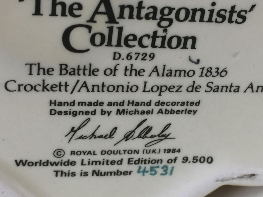 Royal Doulton Large The Antagonists Collection 'The Battle Of The Alamo 1836 Crockett / Antonio Lopez de Santa Anna' D6729 Character Pitcher 1984 Limited Edition 4,531 Of 9,500 [Photo 9]