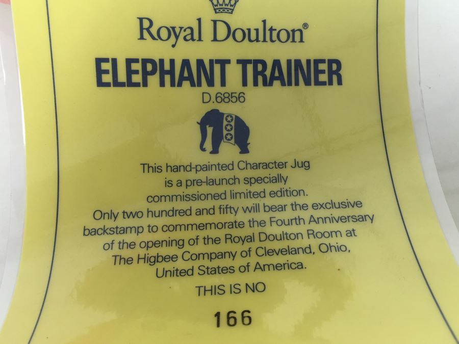 Royal Doulton Large 'The Elephant Trainer' D6856 Character Pitcher 1989 Limited Edition 166 Of Signed By Michael Doulton [Photo 12]