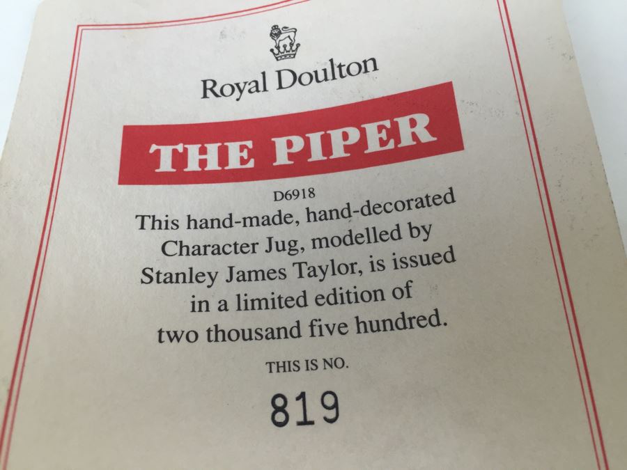 Royal Doulton Large 'The Piper' D6918 Character Pitcher 1992 Limited Edition 819 Of 2,500 [Photo 14]