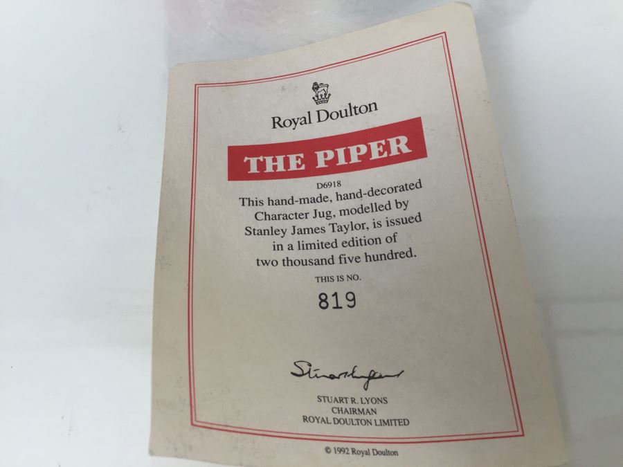 Royal Doulton Large 'The Piper' D6918 Character Pitcher 1992 Limited Edition 819 Of 2,500 [Photo 13]