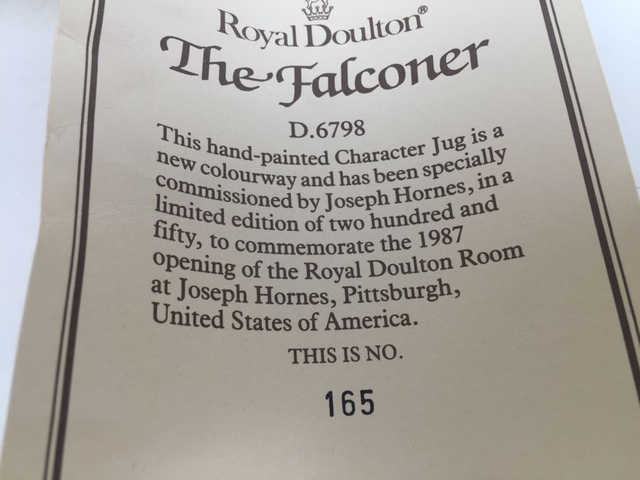 Royal Doulton Large 'The Falconer' D6798 Character Pitcher 1987 Limited Edition 165 Of 250 [Photo 14]