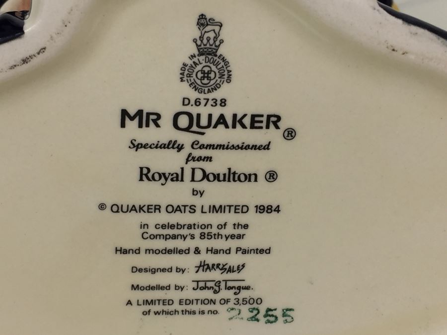 Royal Doulton Large 'Mr. Quaker' D6738 Character Pitcher 1984 Specially Commissioned By Quaker Oats Limited Edition 2,255 Of 3,500 [Photo 16]